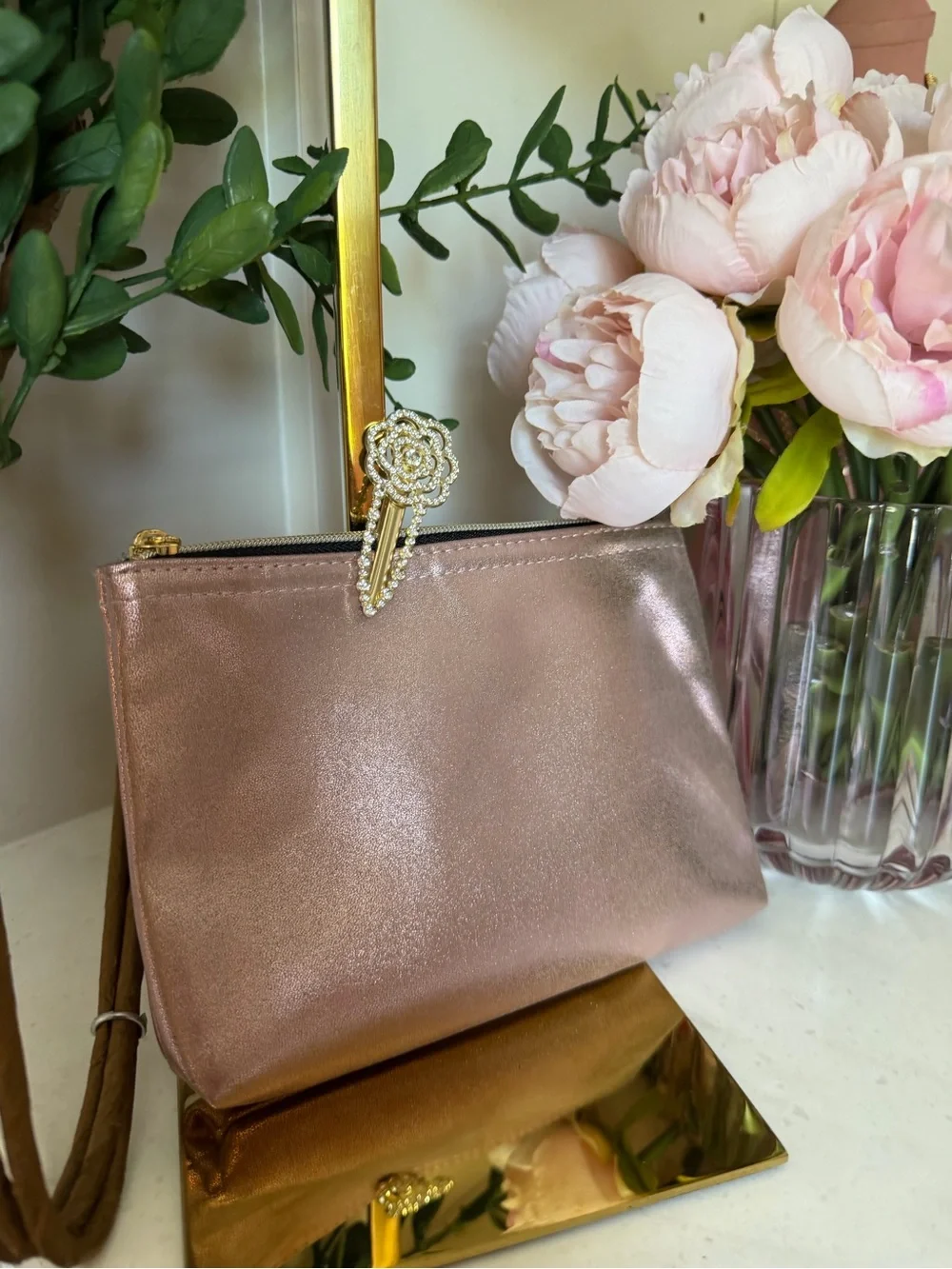 Metallic pink Wristlet Pouch - Elegant Clutch Bag w camellia clip